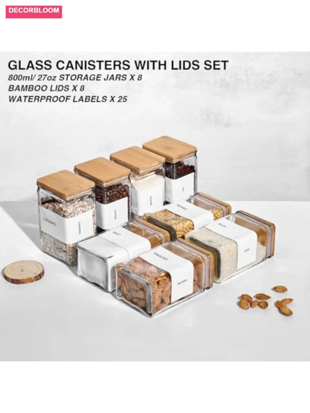 Glass Storage Jars with Bamboo Lids, 27oz Square Spice Jars for Kitchen Pantry